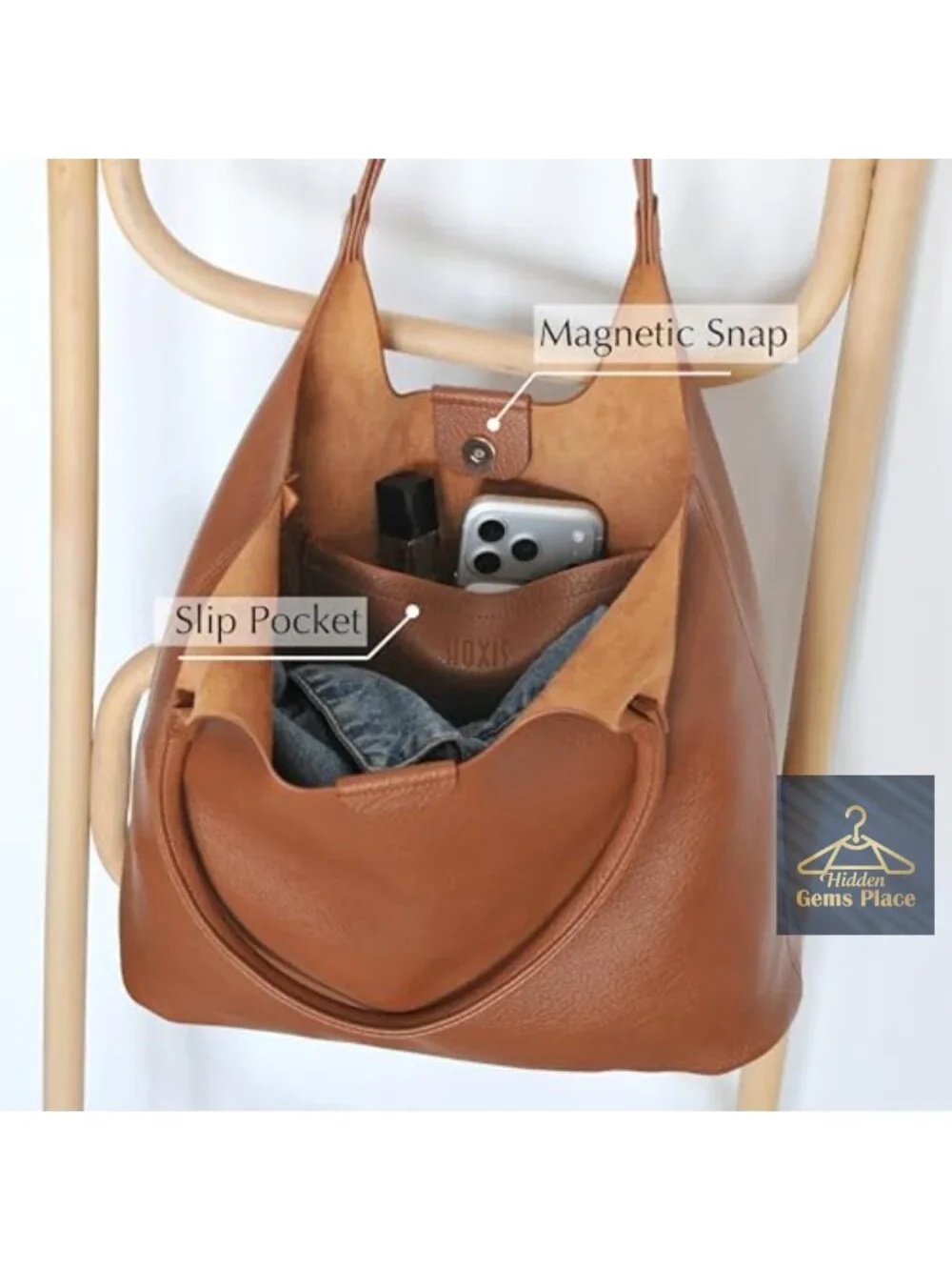 Faux Leather Tote Hobo Bag with Magnetic Snap Closure